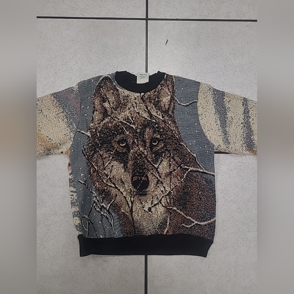 SUGAR STREET WEAVERS RARE wolf print sweater grey 90s LARGE